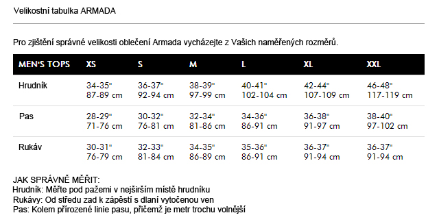 velikostni tabulka Armada Man Tops